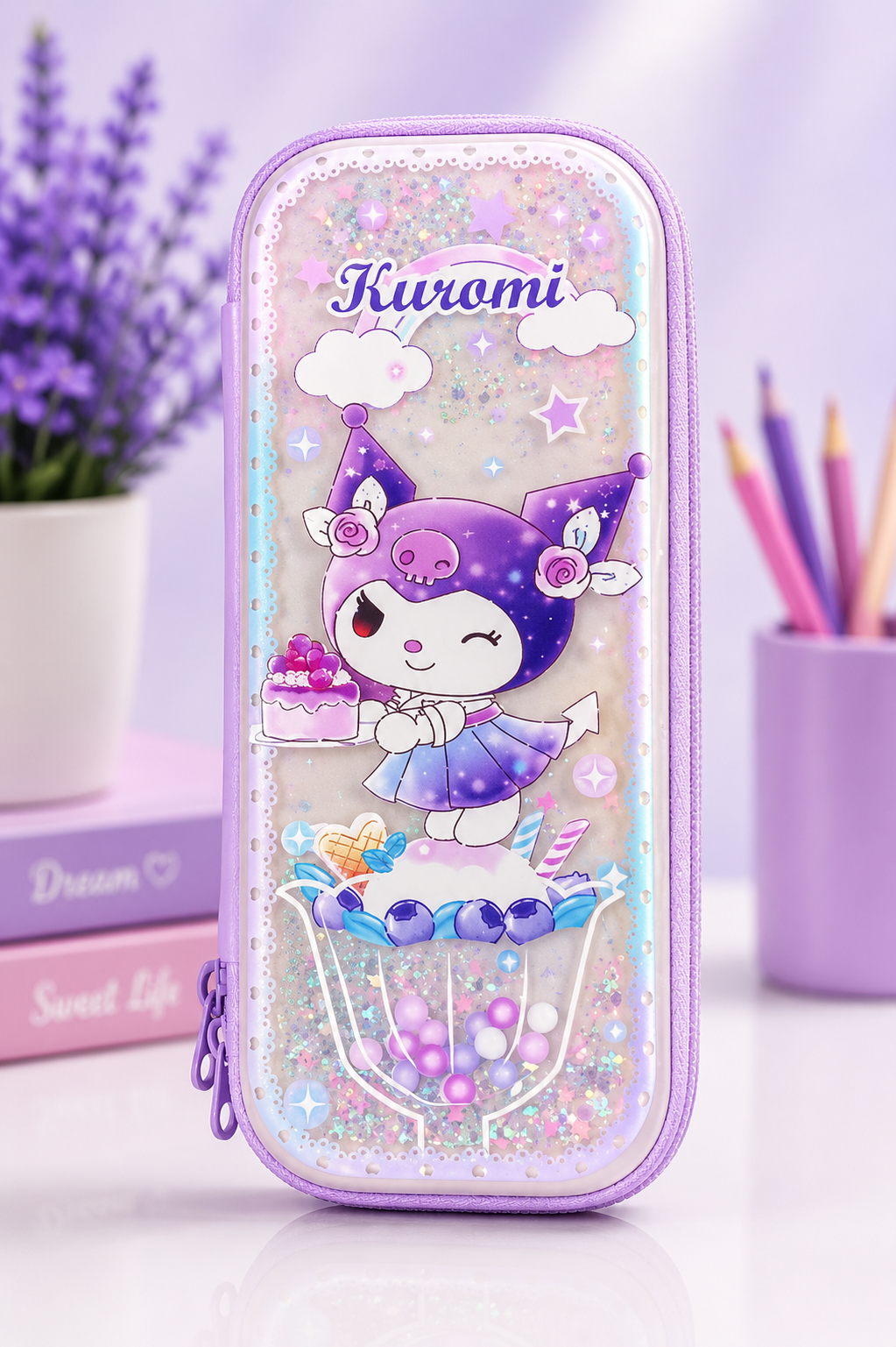 Kawaii Glitter Pencil Pouch - Purple Kuromi Edition