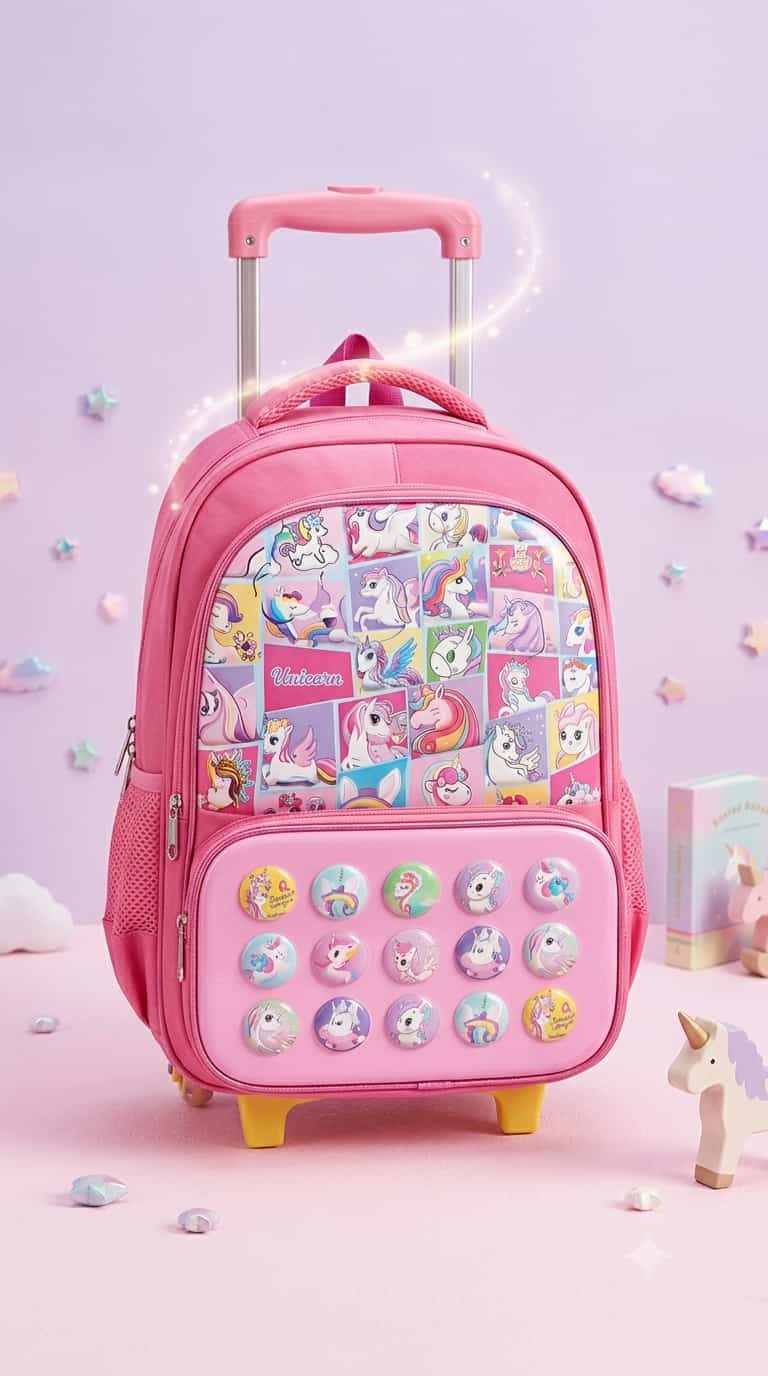 Unicorn Girls Trolley School Bag with Wheels - Pink