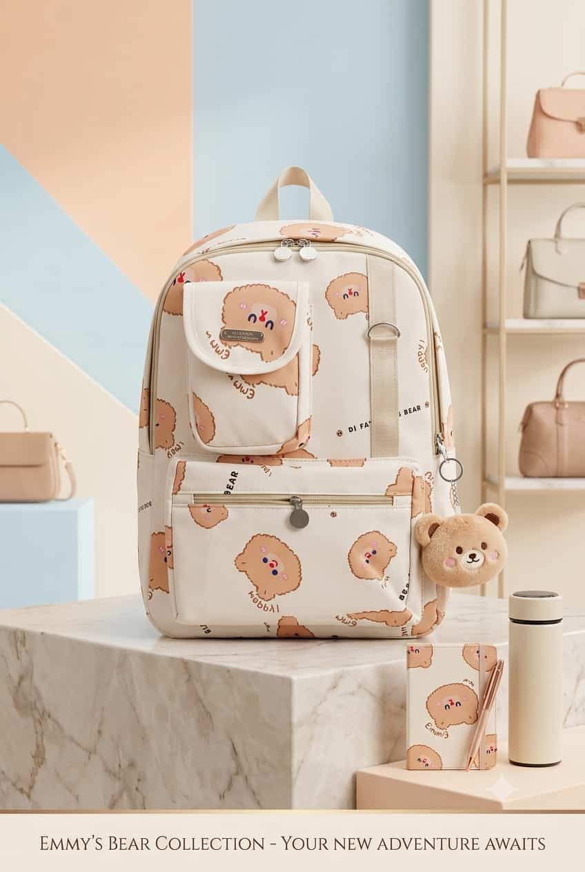 Di Pa's Bear Print Girls School Backpack - White