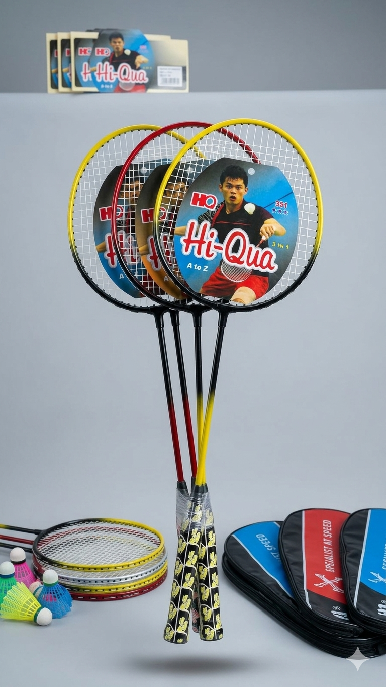 Hi-Qua Premium 3-in-1 Badminton Rackets (Pack of 2 • Yellow & Red Gradient Triplet