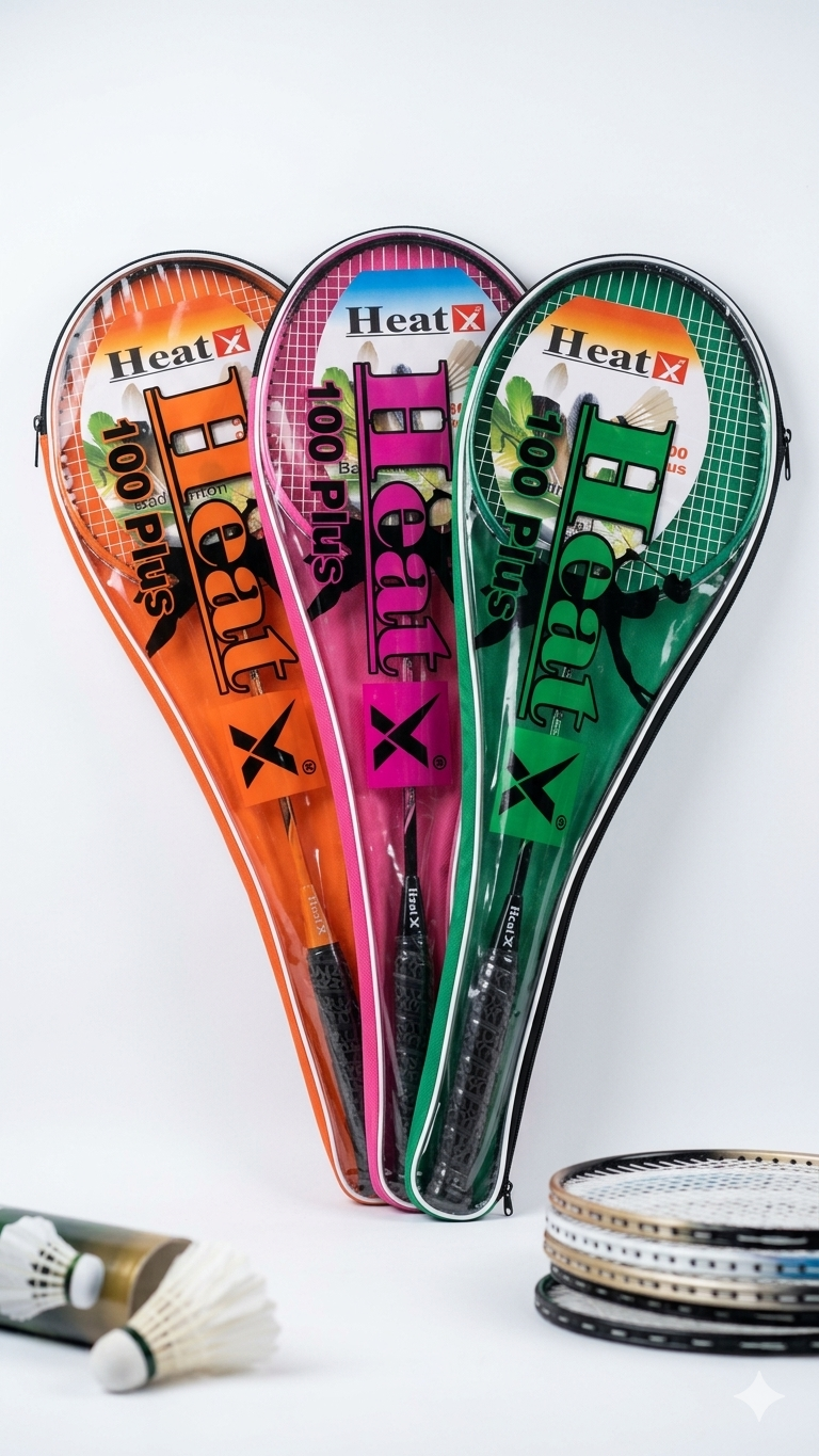 HeatX 100 Plus Premium Badminton Rackets (Pack of 3 • Orange, Pink & Green Triplet)