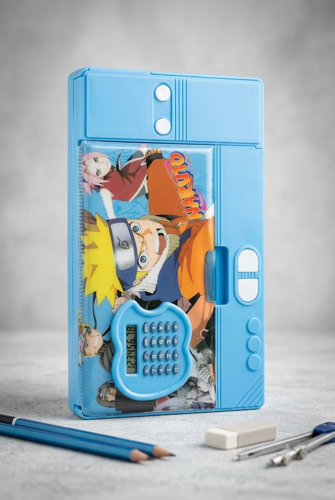 Naruto Blue Multi-Function Pencil Box – Calculator + Ruler + Sliding Drawer