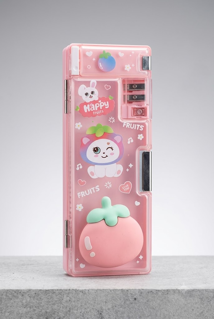 Happy Fruits 3D Pencil Box – Transparent Case with Built-in Sharpener