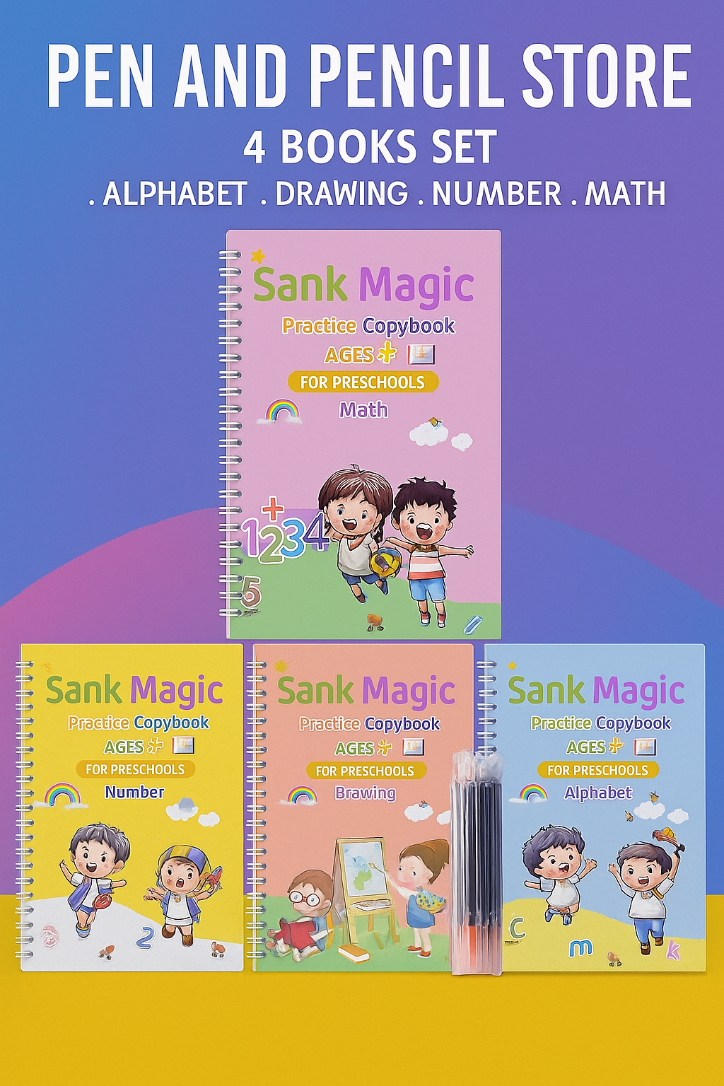 Sank Magic Reusable Practice Copybook Set – 4 Books (Alphabet, Drawing, Number & Math)