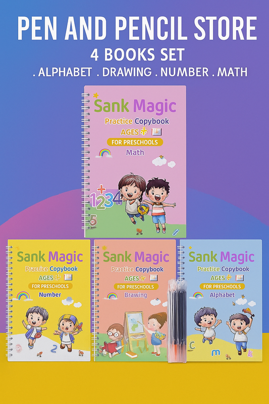 Sank Magic Reusable Practice Copybook Set – 4 Books (Alphabet, Drawing, Number & Math)