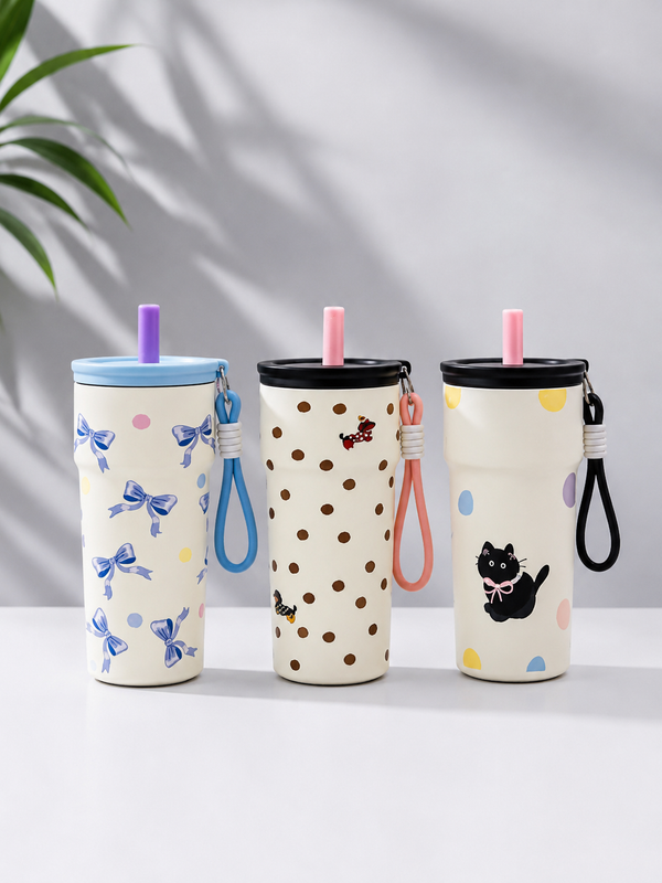 Cute Printed Tumbler with Straw & Strap - 500ml