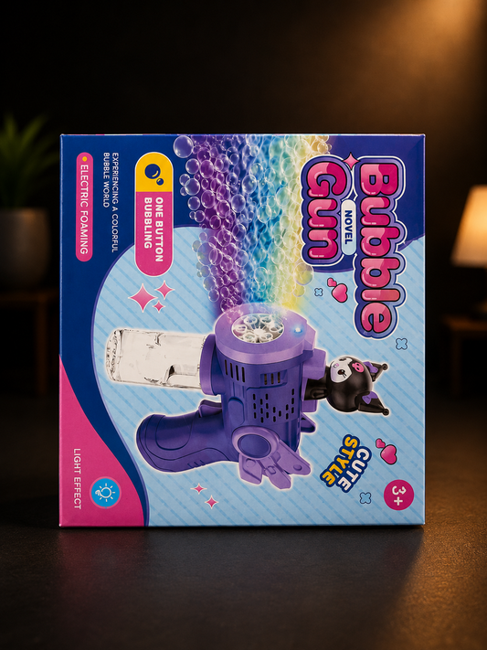 Box of a bubble gun with colorful design on a dark background

