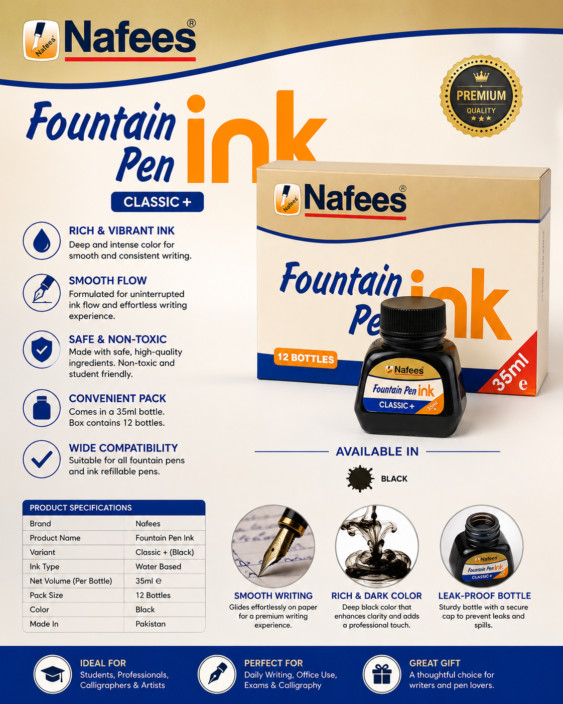 Nafees Fountain Pen Ink – Classic+(35ml) 1 pice