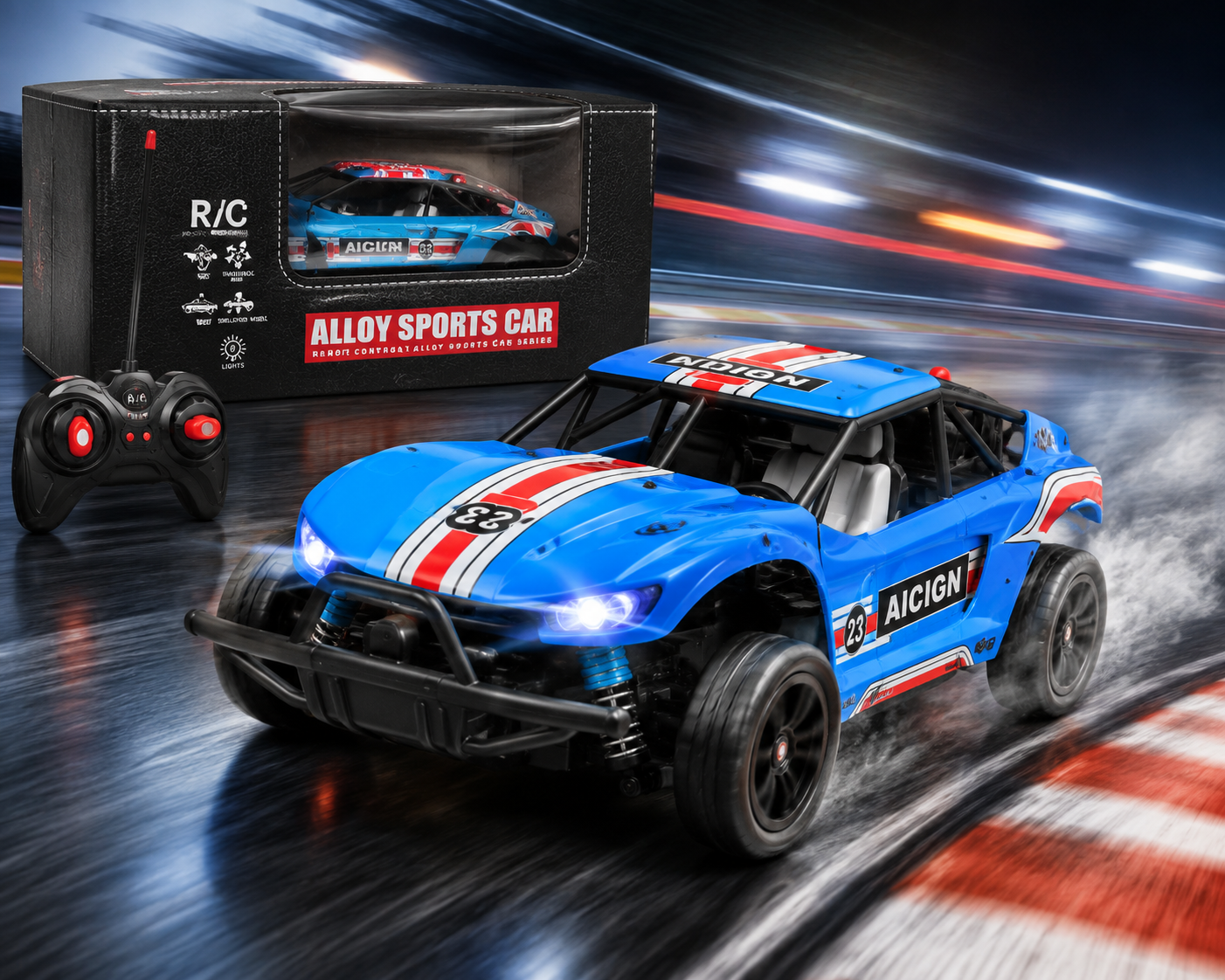 RC Alloy Sports Car with remote control in action