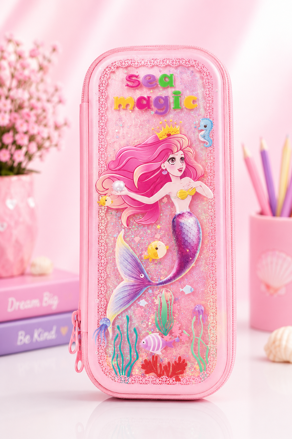 Kawaii Glitter Pencil Pouch - Pink Sea Magic Mermaid
