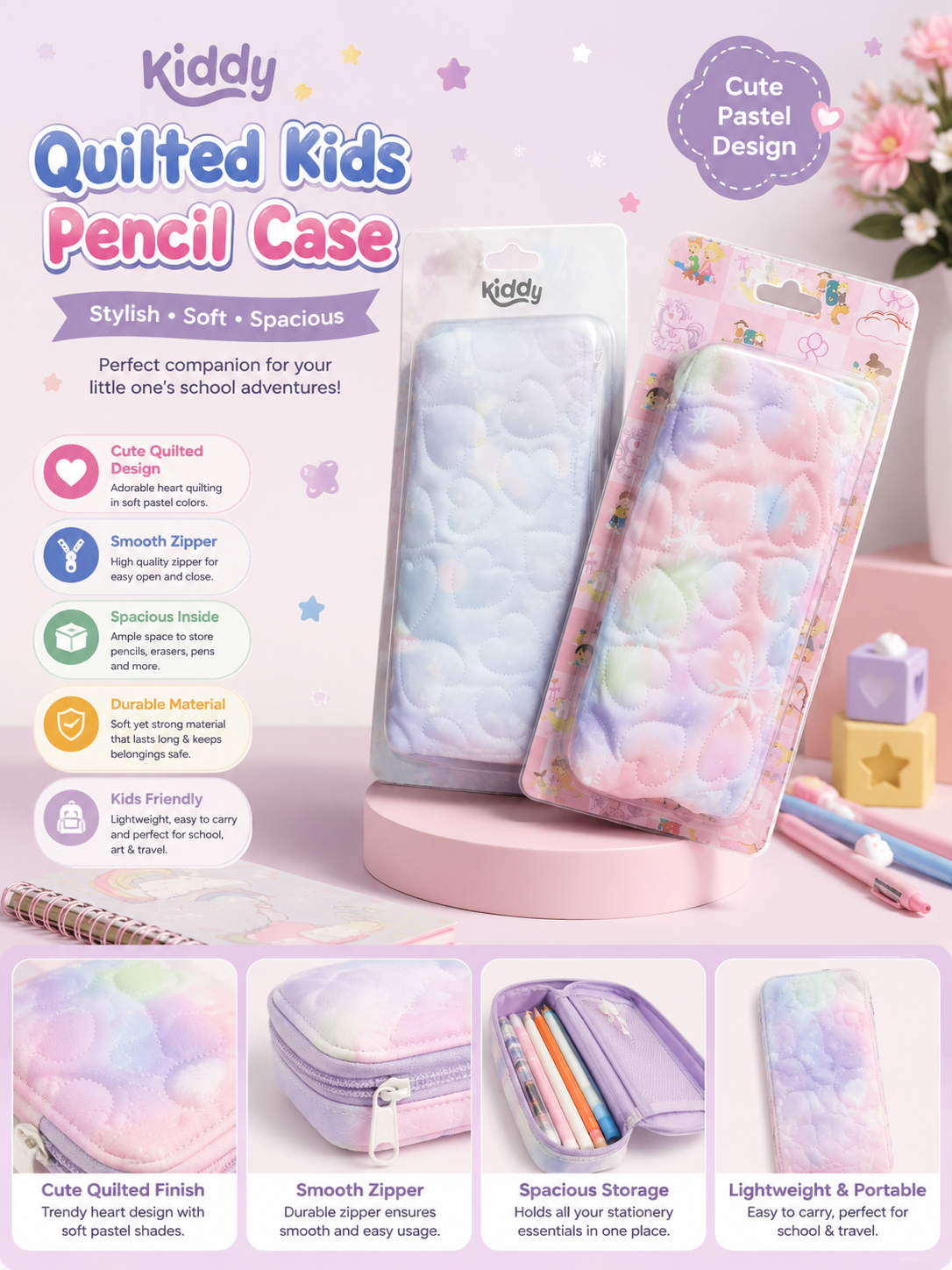 Kiddy Quilted Kids Pencil Case – Stylish, Soft & Spacious