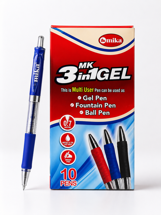 Mika MK 3-in-1 Gel Pen – Gel, Fountain & Ball Pen (0.7mm, Box of 10)