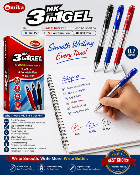 Mika MK 3-in-1 Gel Pen – Gel, Fountain & Ball Pen (0.7mm, Box of 10)