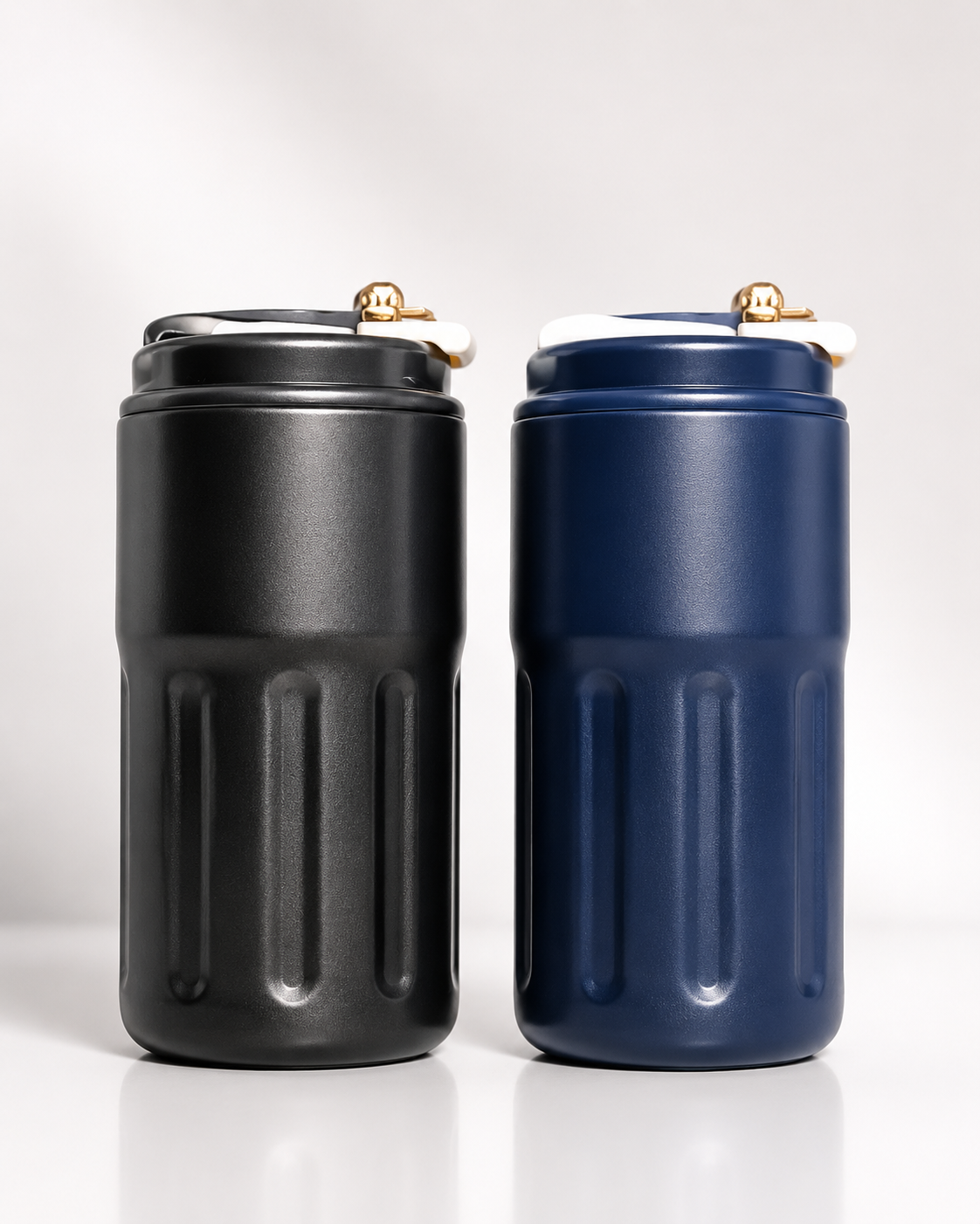 Insulated Water Bottle Black and Navy Blue Side View