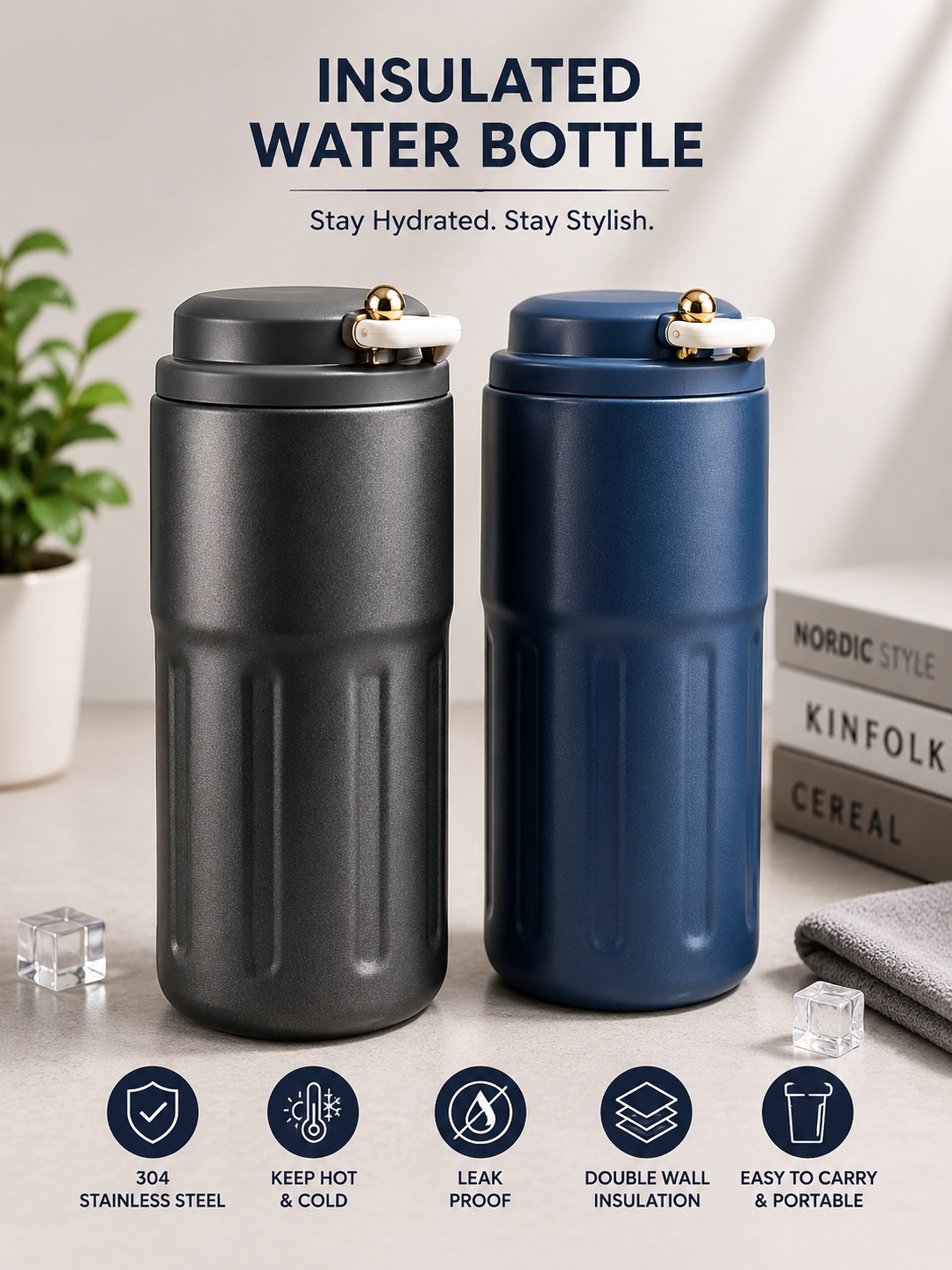 Insulated Water Bottle Black and Navy Blue Features