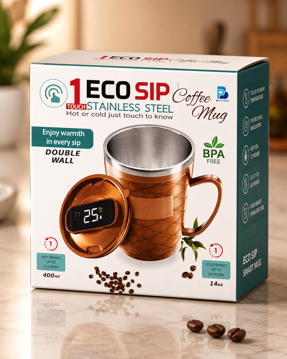 Beli Plastic Eco Sip 1 Touch Smart Coffee Mug Copper Box Side