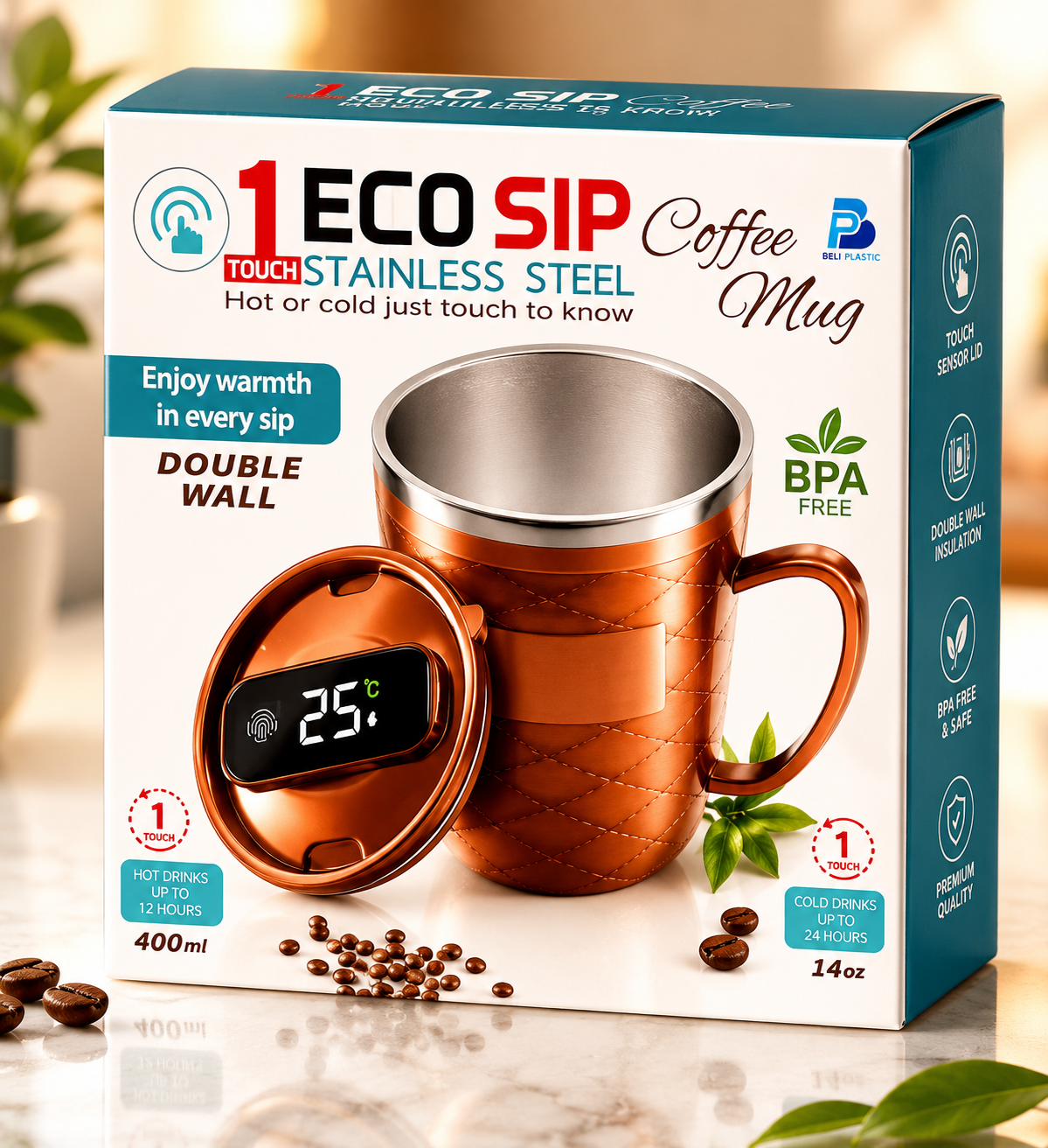 Beli Plastic Eco Sip 1 Touch Smart Coffee Mug Copper Box Front