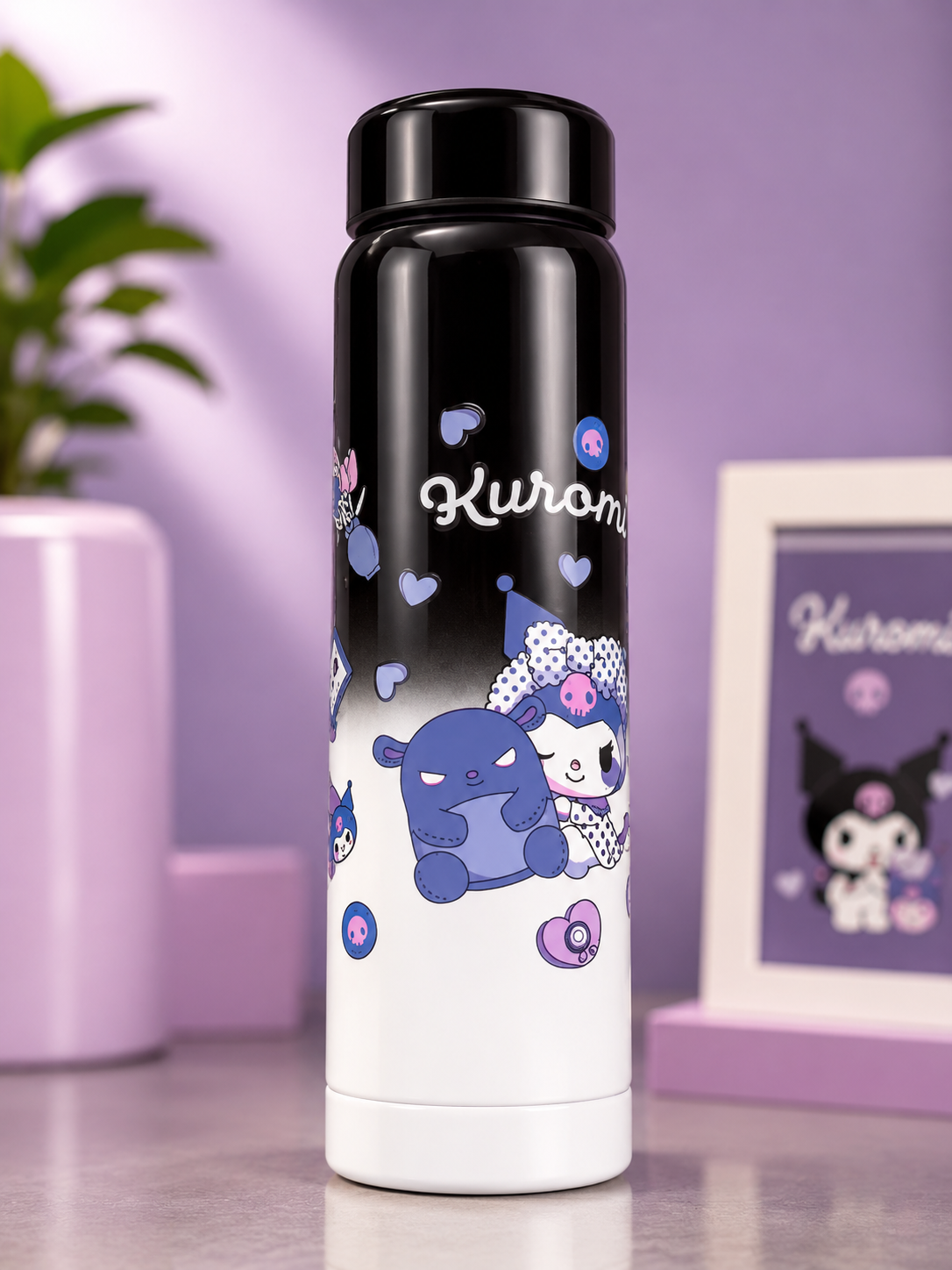 Kuromi Insulated Water Bottle Black White Gradient