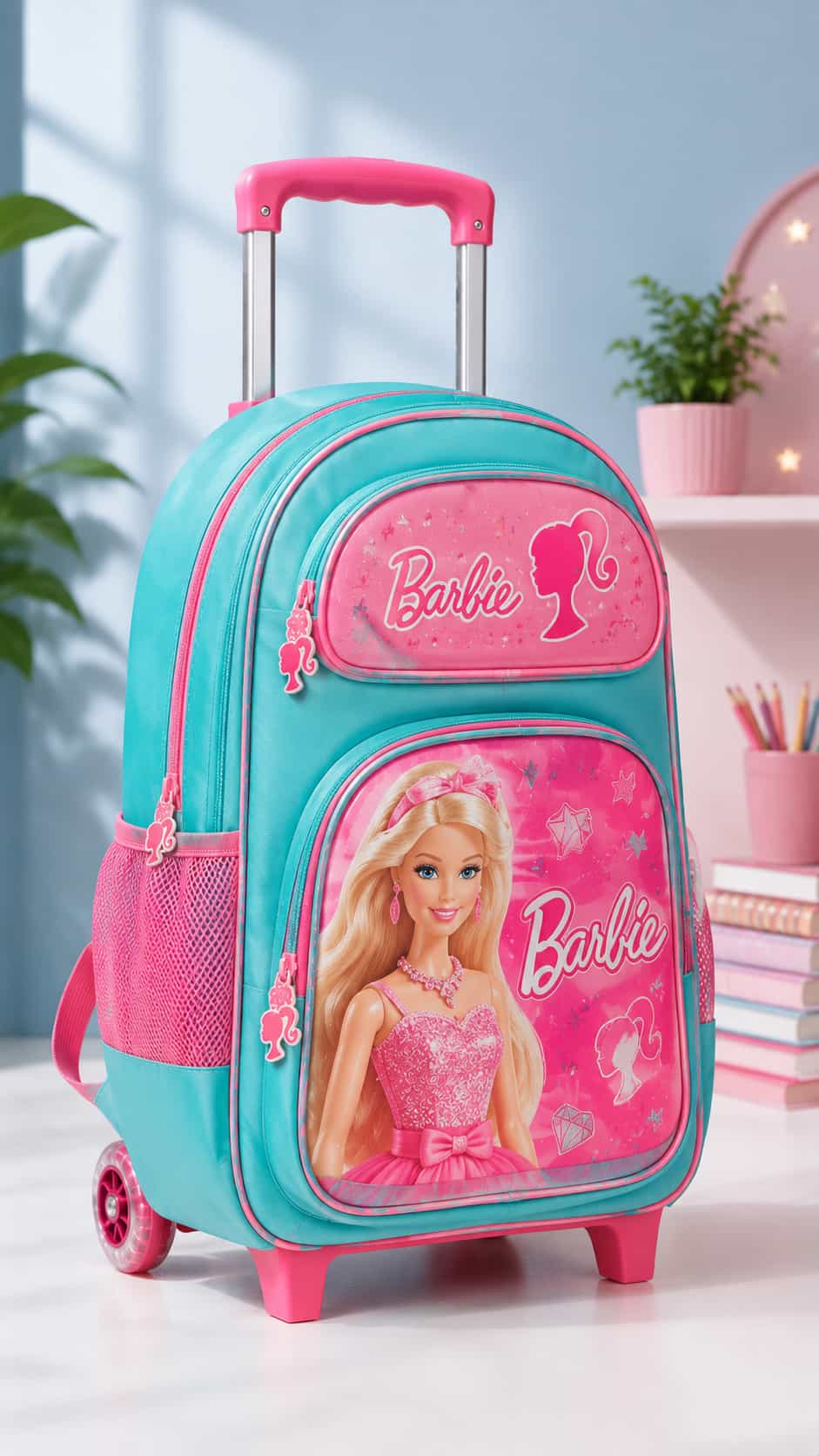 Barbie Trolley School Bag with Wheels - Pink & Teal
