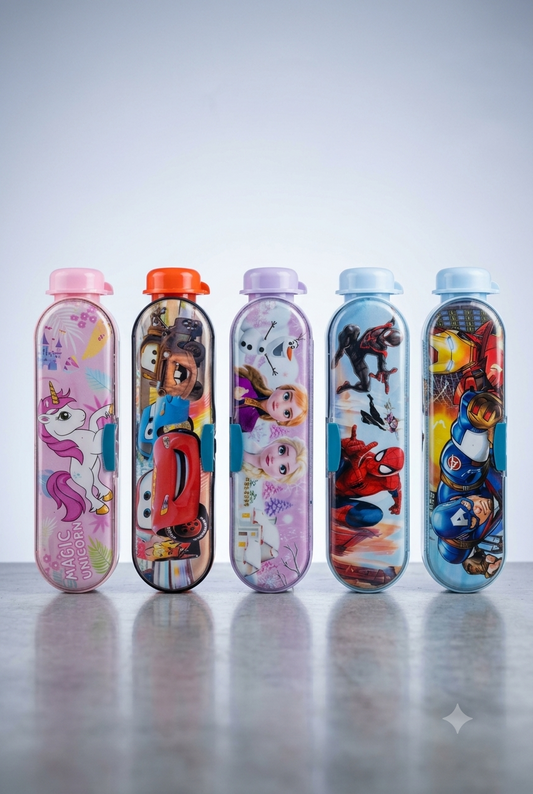 2-in-1 Pencil Box + Water Bottle – Character Designs (Unicorn, Cars, Frozen, Spiderman, Avengers)