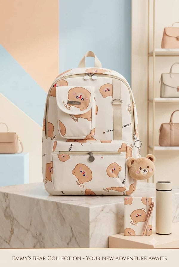 Di Pa's Bear Print Girls School Backpack - White