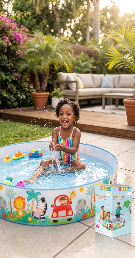 Child playing in Intex Snap Set jungle print pool in garden