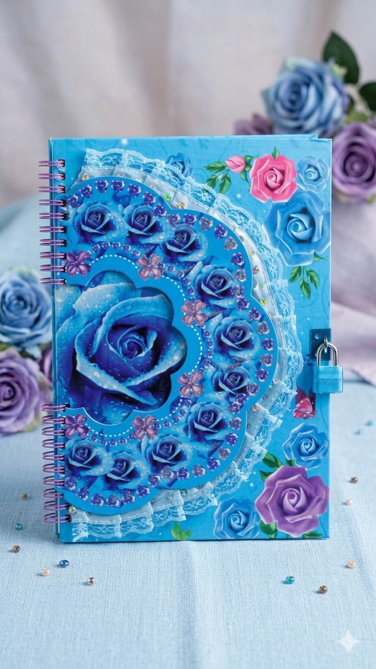 Enchanted Blue Roses Secret Diary with Lock and Key Large