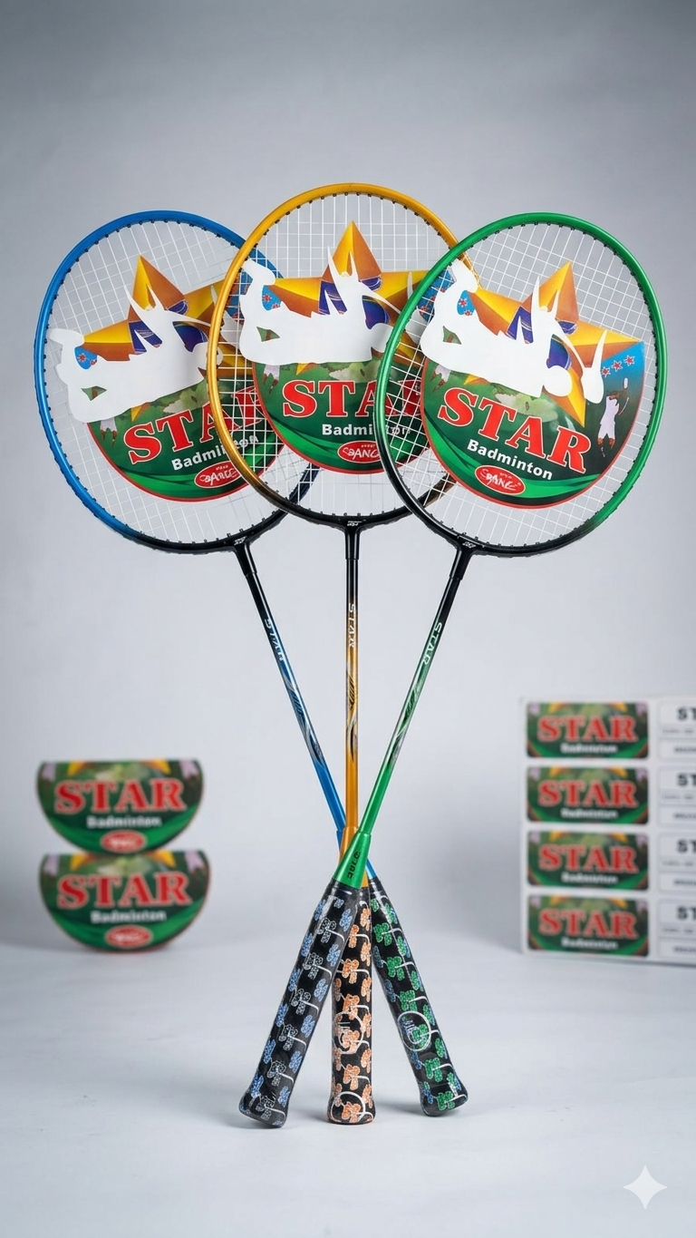Star Premium Badminton Rackets (Pack of 2 • Blue, Gold & Green Triplet)
