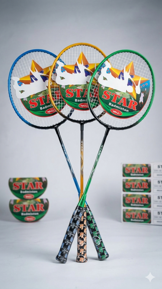 Star Premium Badminton Rackets (Pack of 2 • Blue, Gold & Green Triplet)