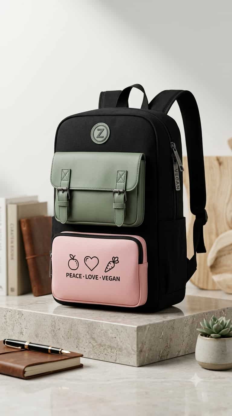 Peace Love Vegan School Backpack - Black & Pink