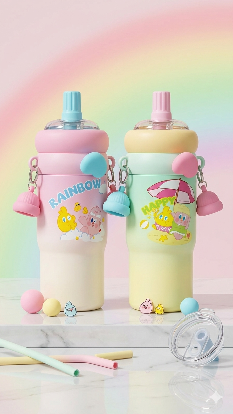 Adorable "Rainbow & Happy" Character Bottles 800ml