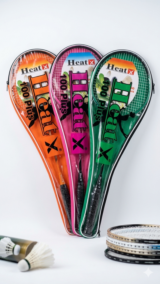 HeatX 100 Plus Premium Badminton Rackets (Pack of 3 • Orange, Pink & Green Triplet)
