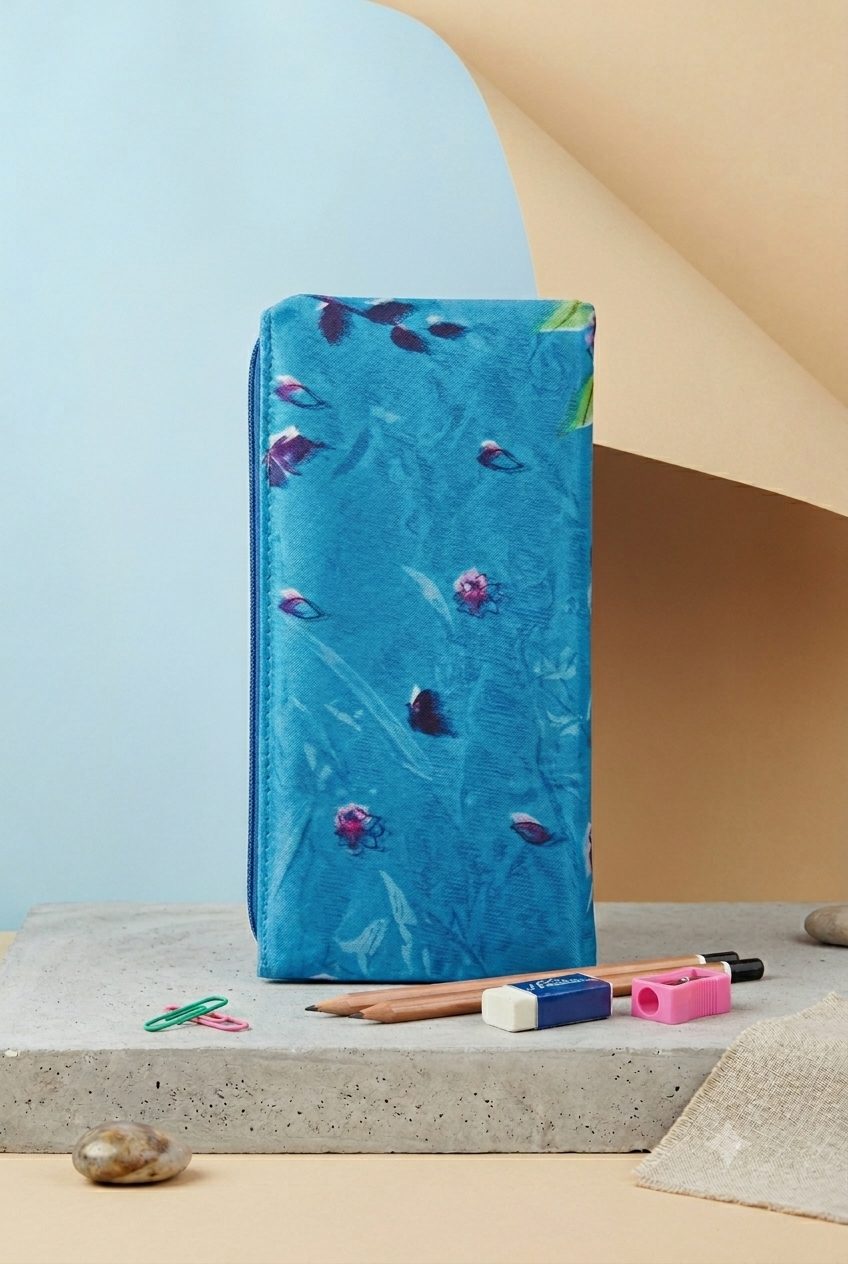 Blue Floral Pencil Pouch – Premium Zip Case for Students