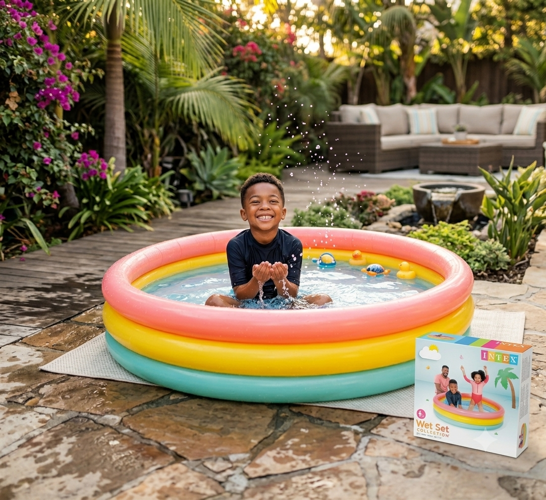 Child playing in Intex Sunset Glow inflatable pool in garden