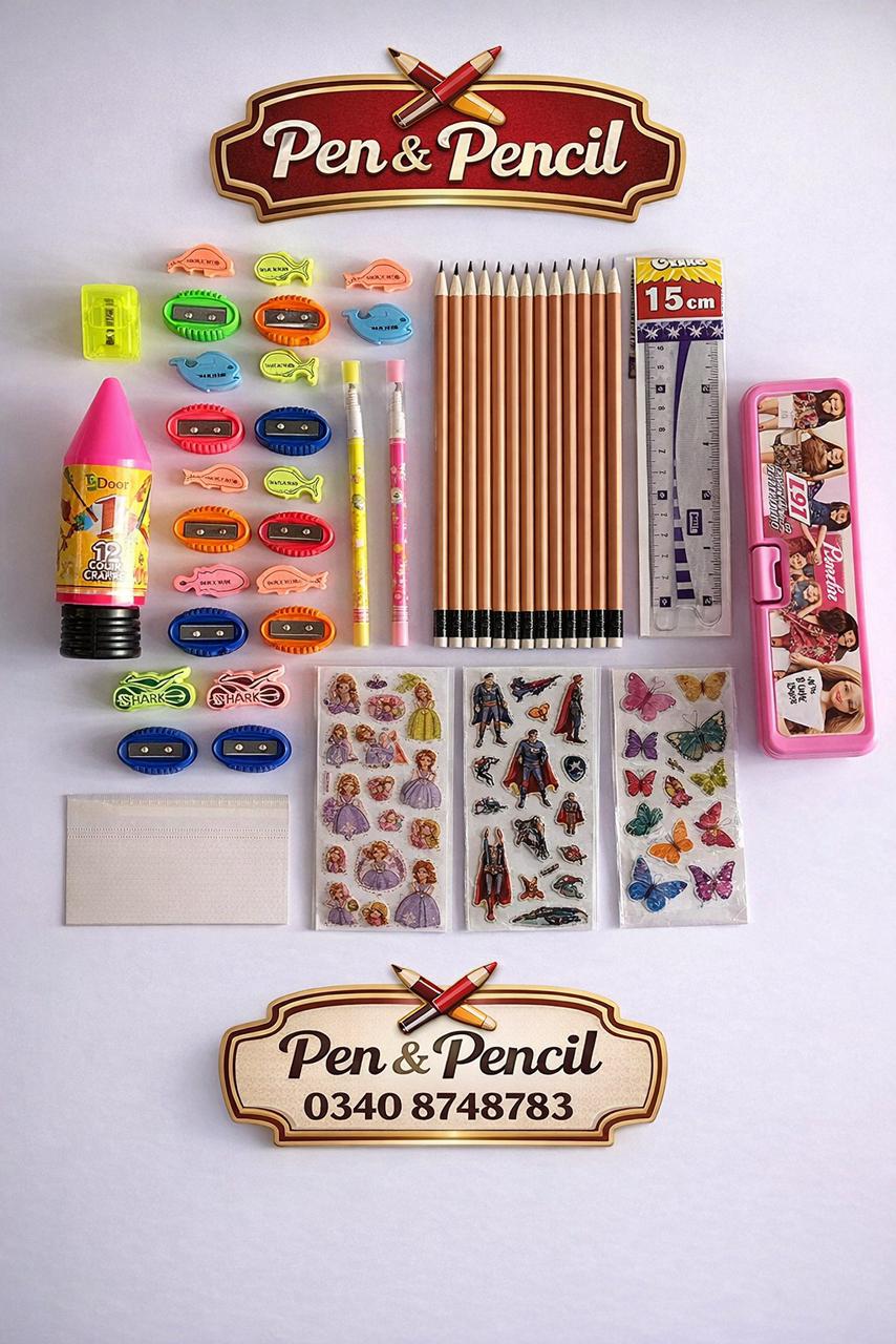 Pen & Pencil Complete Stationery Kit – Pencils + Sharpeners + Stickers + Pencil Box