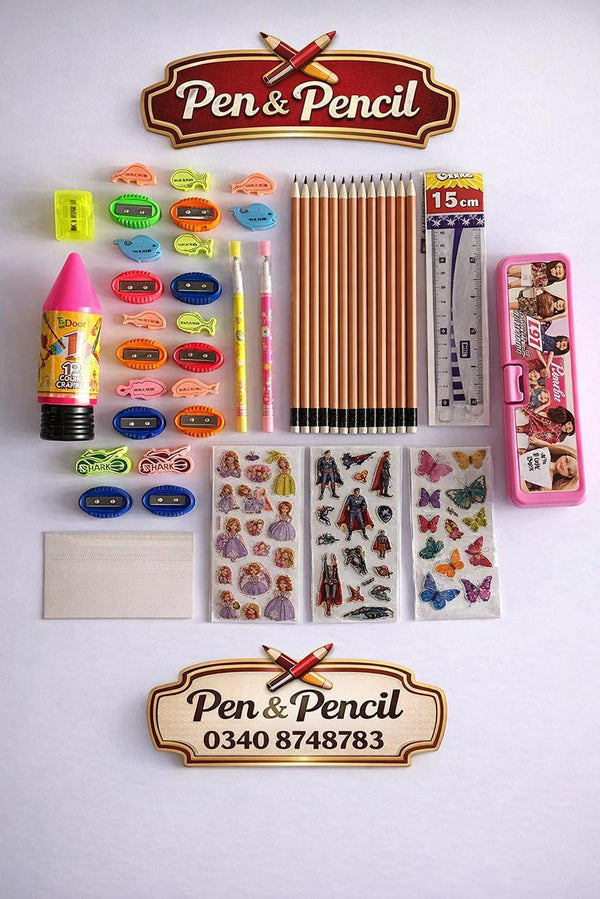 Pen & Pencil Complete Stationery Kit – Pencils + Sharpeners + Stickers + Pencil Box