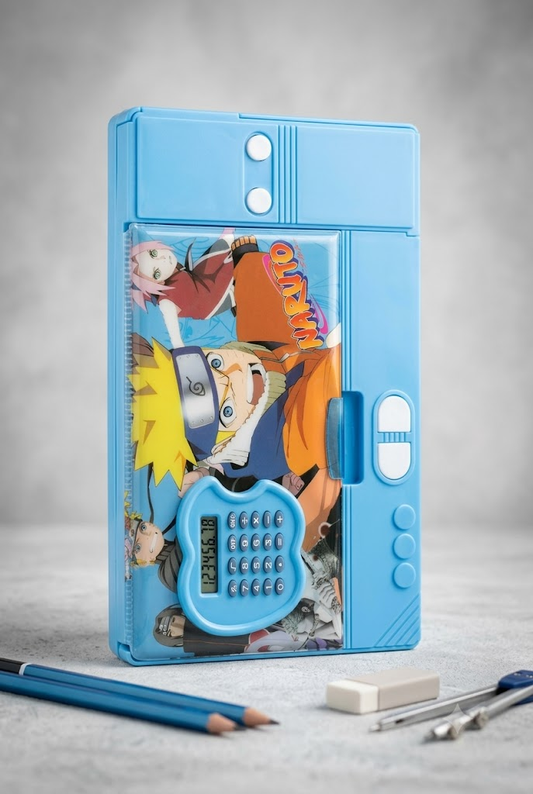 Naruto Blue Multi-Function Pencil Box – Calculator + Ruler + Sliding Drawer