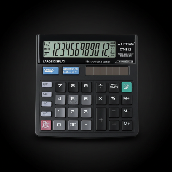 Ctifree CT-512 Check and Correct Calculator dark background studio photo