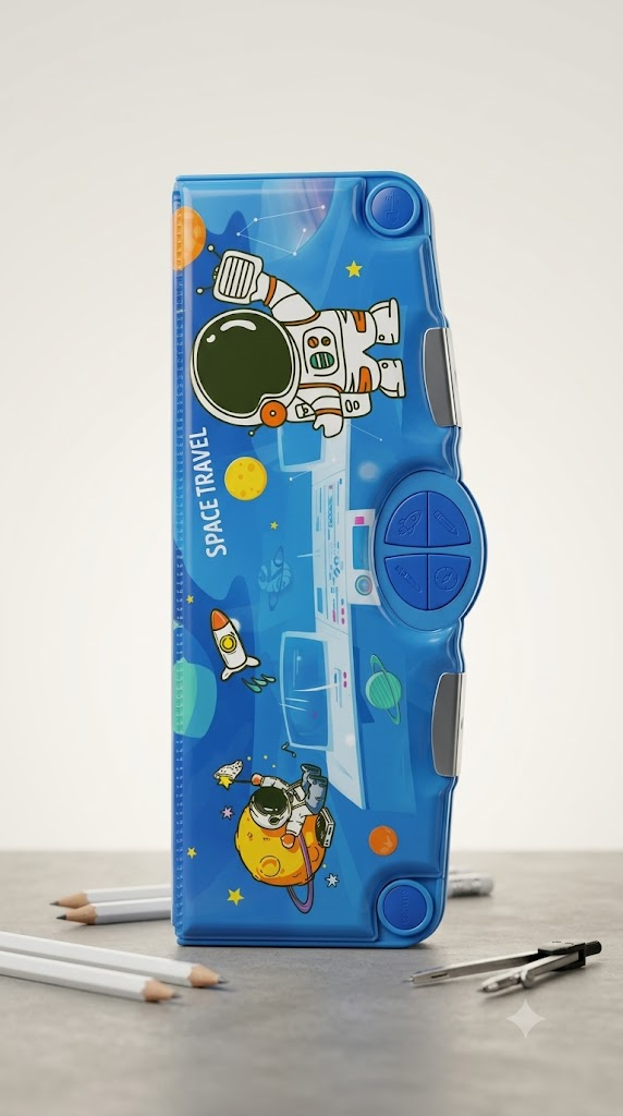 Space Travel Multi-Function Pencil Box – Ruler + Buttons + Astronaut Design