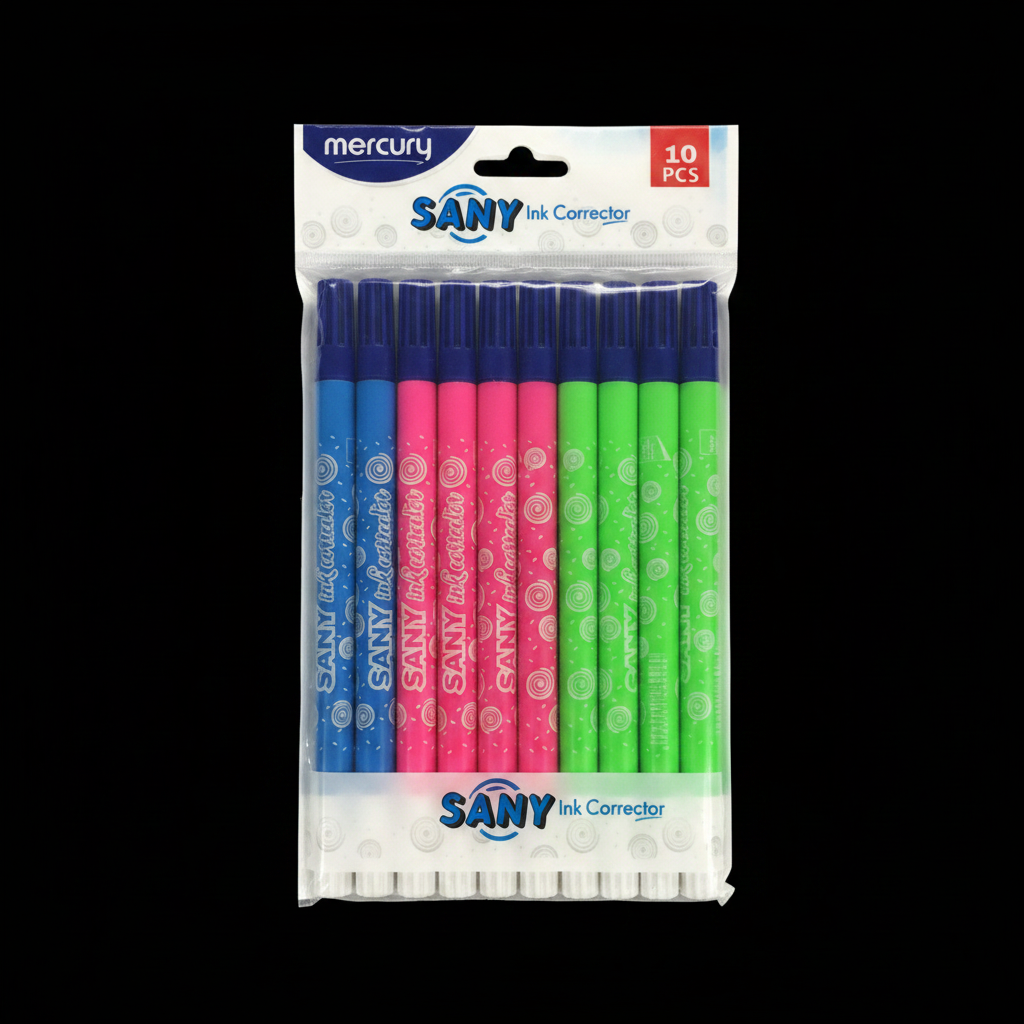 Mercury Sany Ink Corrector pack of 10 blue pink green pens dark background studio photo