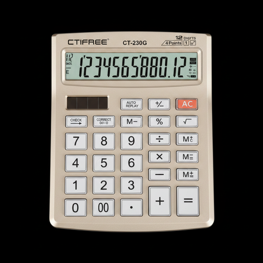 Ctifree CT-230G gold calculator dark background studio photo