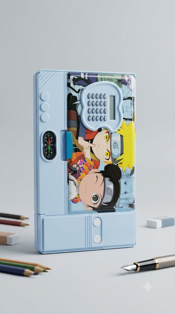 Naruto Multi-Function Pencil Box – Calculator + Compass + Sliding Drawer