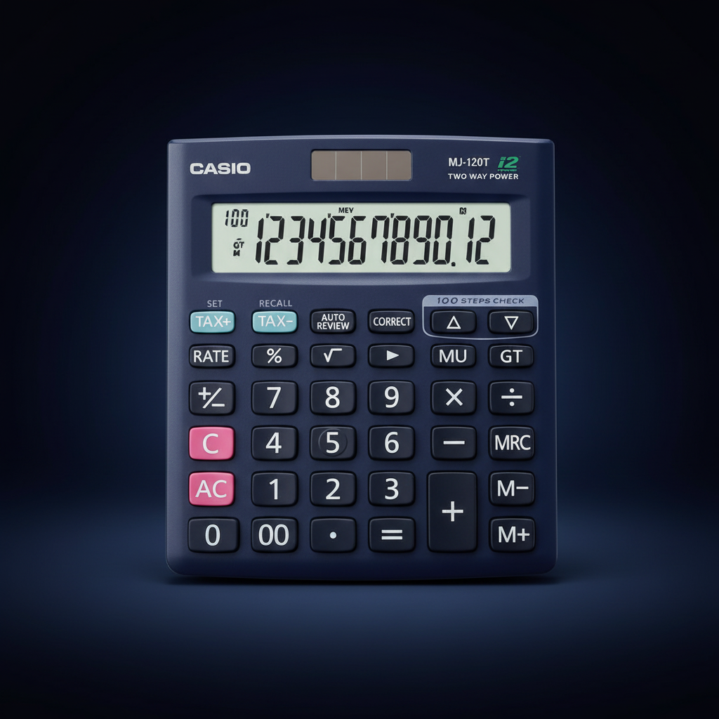 Casio MJ-120T-W Check and Correct Calculator dark background studio photo