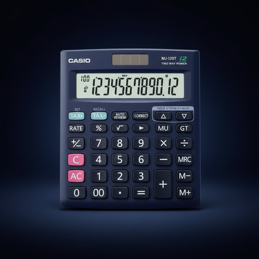 Casio MJ-120T-W Check and Correct Calculator dark background studio photo