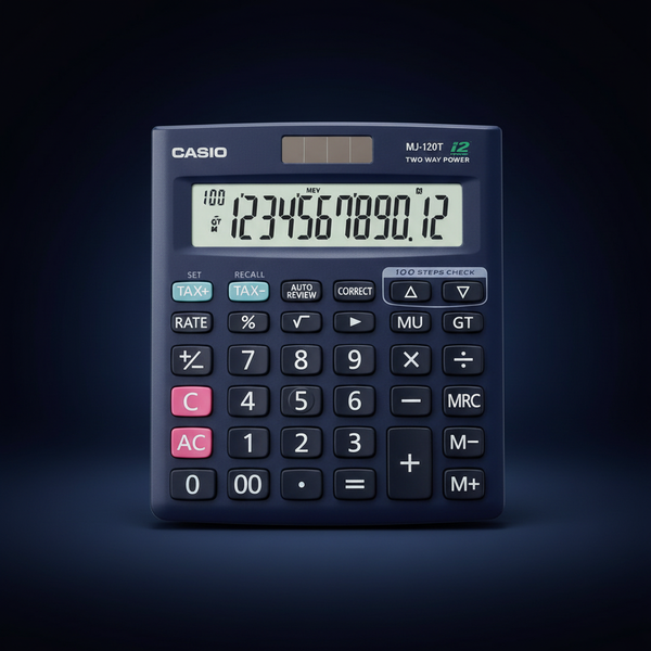 Casio MJ-120T-W Check and Correct Calculator dark background studio photo