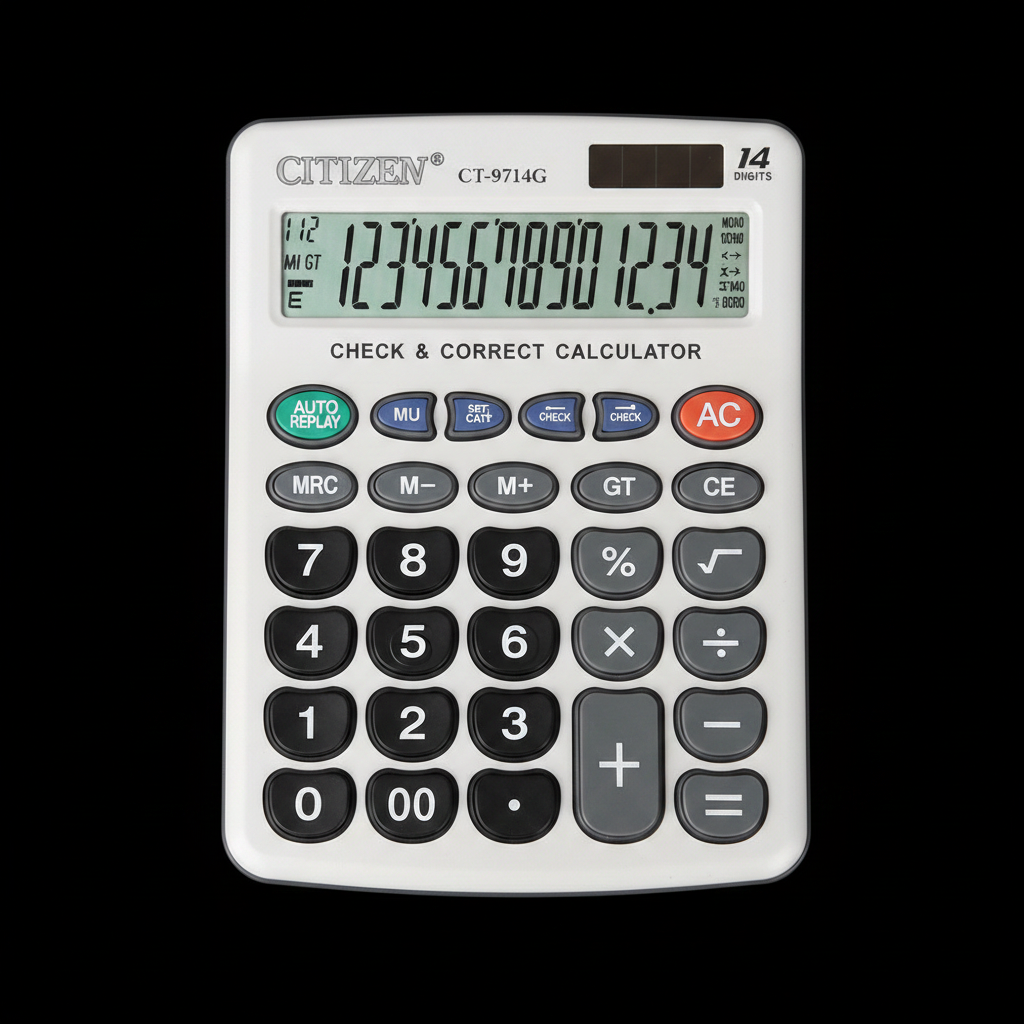 Citizen CT-9714G white calculator dark background studio photo
