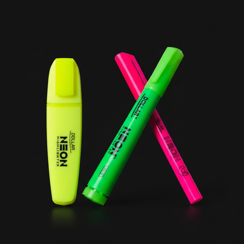 Dollar Neon Highlighter yellow green pink dark background studio photo