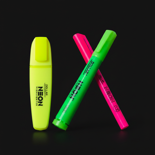 Dollar Neon Highlighter yellow green pink dark background studio photo