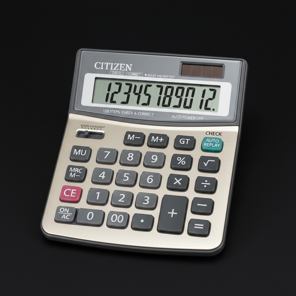 Citizen CT-912M silver calculator dark background studio photo